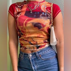 Vintage short sleeve red abstract printed crop top